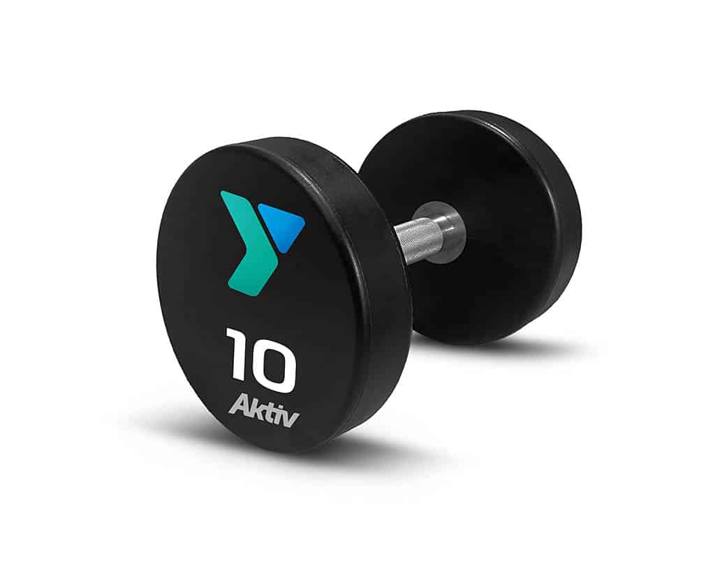 Aktiv Round custom branded Dumbbell with YMCA logo.