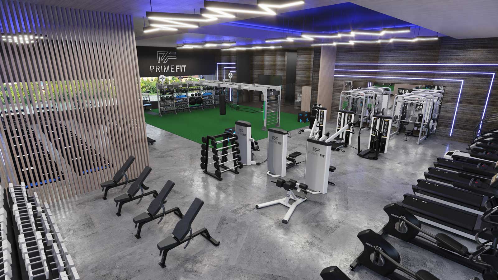 Health club gym with functional, strength and cardio zones.