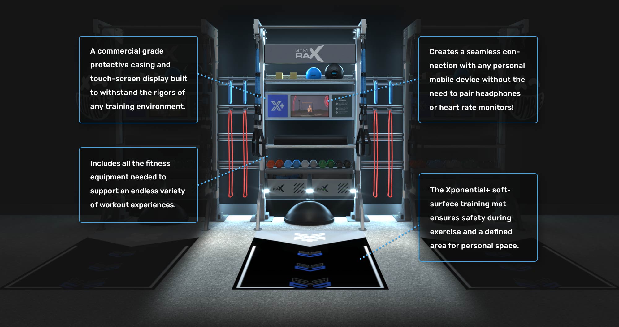 A commercial gradeprotective casing and touch-screen display built to withstand the rigors of any training environment.* Creates a seamless connection with any personal mobile device without the need to pair headphones or heart rate monitors! * Includes all the fitness equipment needed to support an endless variety of workout experiences. * The Xponential+ soft-surface training matensures safety duringexercise and a defined area for personal space.