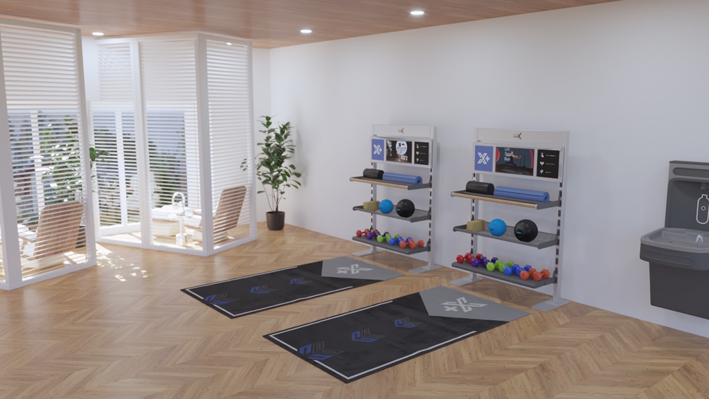 Xponential+ Functional Fitness on gym TV in amenity room with two Gym Rax storage bays and 3 mats.